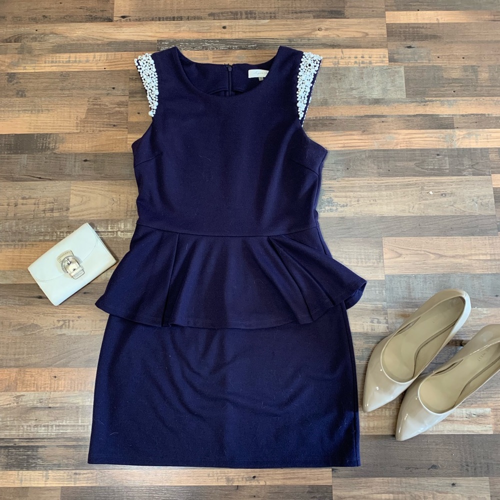 Sugarlips Navy Peplum Pearl Beaded Dress
